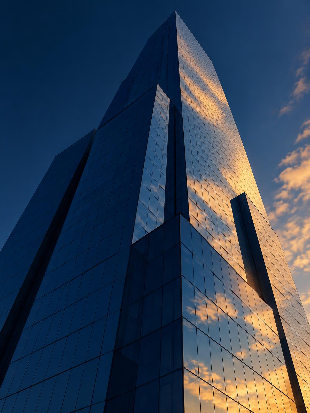 Modern glass skyscraper rising against a golden-hour sky